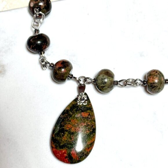 Genuine Jungle Green Unakite Necklace, Natural Gemstone Pendant Necklace - Picture 6 of 16